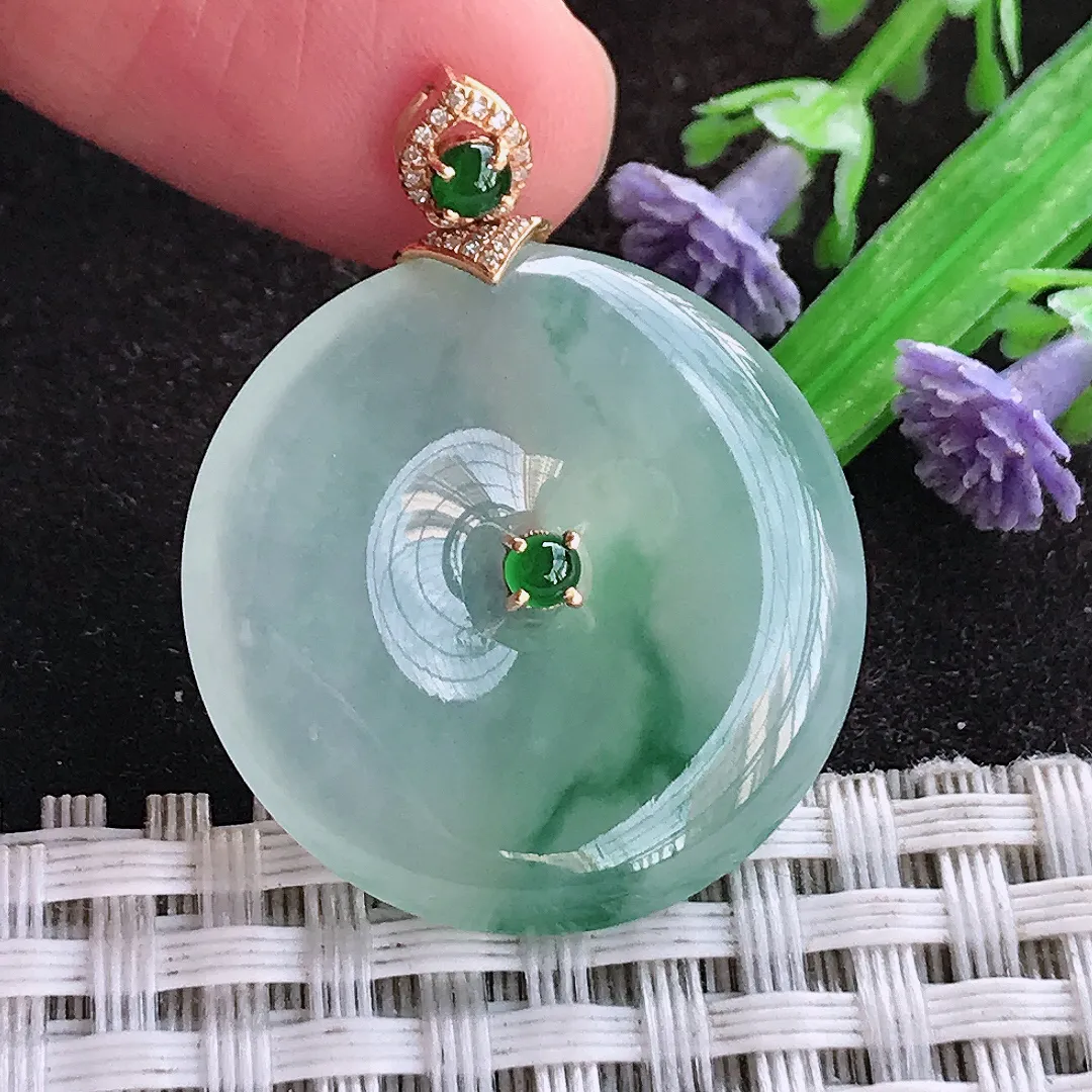 天然a货翡翠26.5/4.7老坑18k金镶嵌冰种飘花平安扣吊坠翡翠玉坠挂件百搭