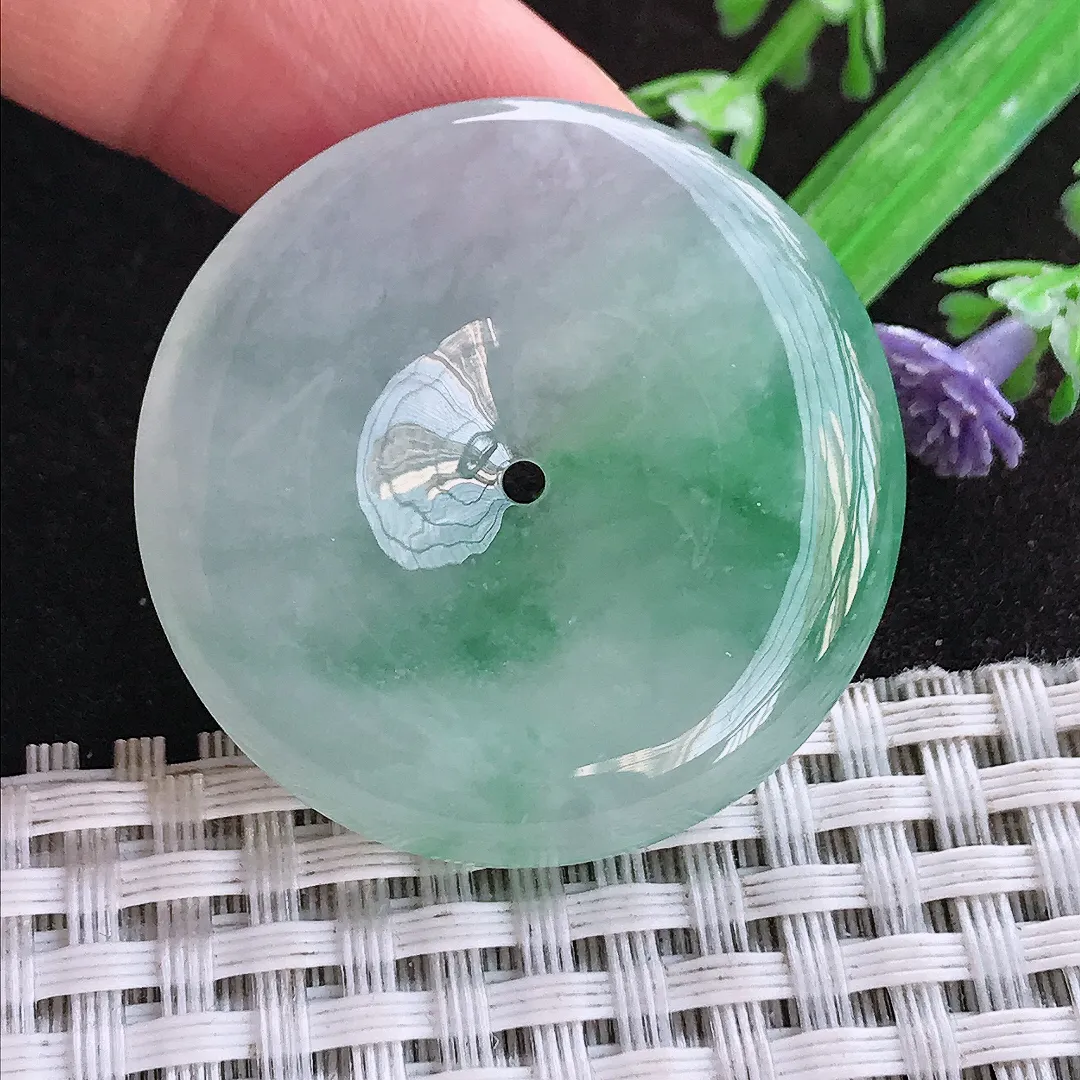 天然a货翡翠36/6.3老坑冰胶飘绿平安扣吊坠翡翠玉坠挂件百搭