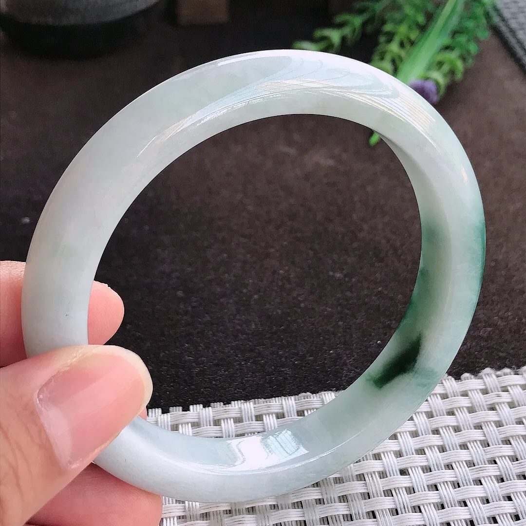 天然a货翡翠62/11.5/8.9老坑精美飘花大圈口手镯宽边翡翠玉镯美人镯