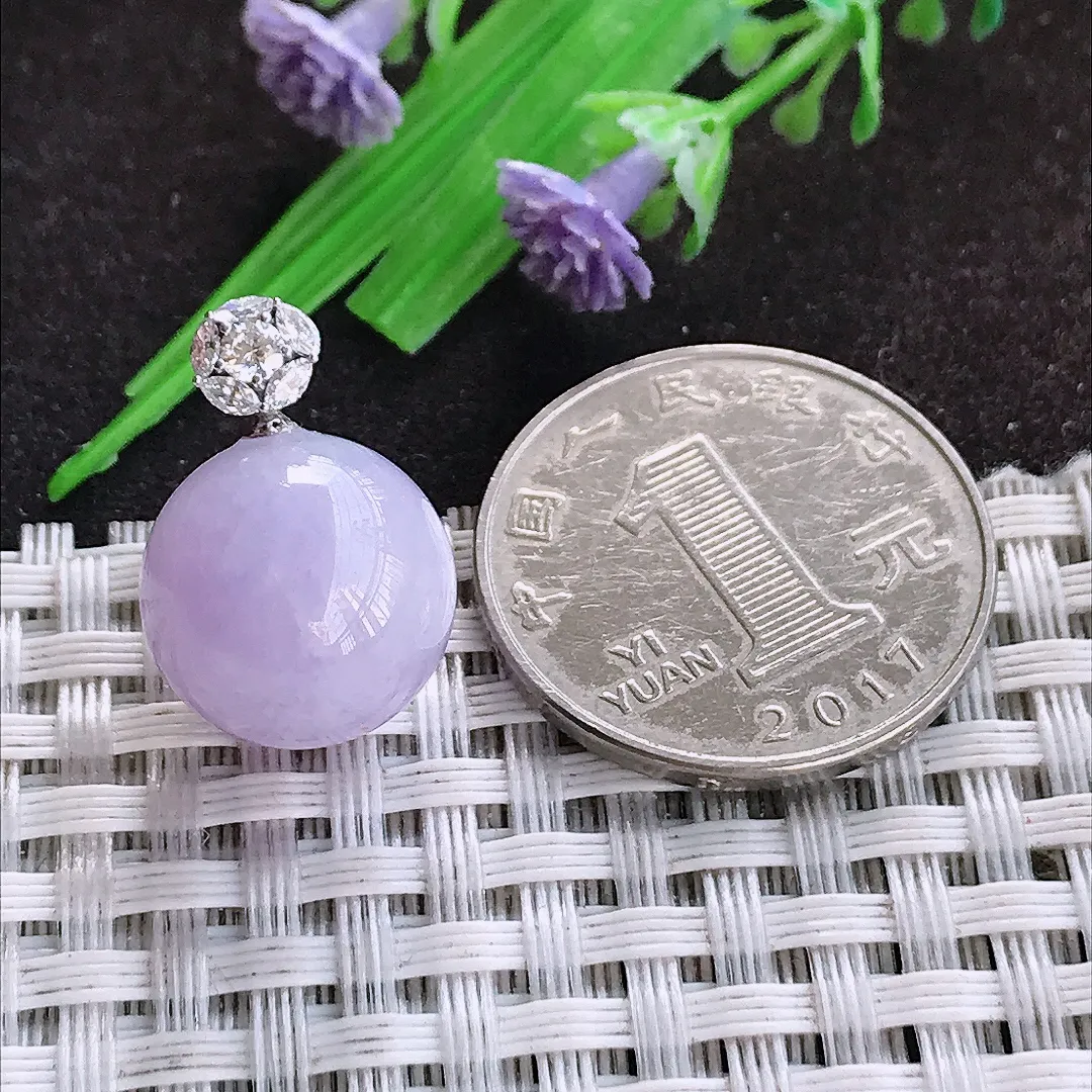 天然a货翡翠14.1老坑18k金镶嵌紫罗兰圆珠吊坠翡翠玉坠挂件百搭