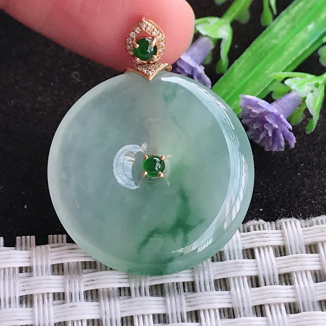 天然a货翡翠26.5/4.7老坑18k金镶嵌冰种飘花平安扣吊坠翡翠玉坠挂件百搭