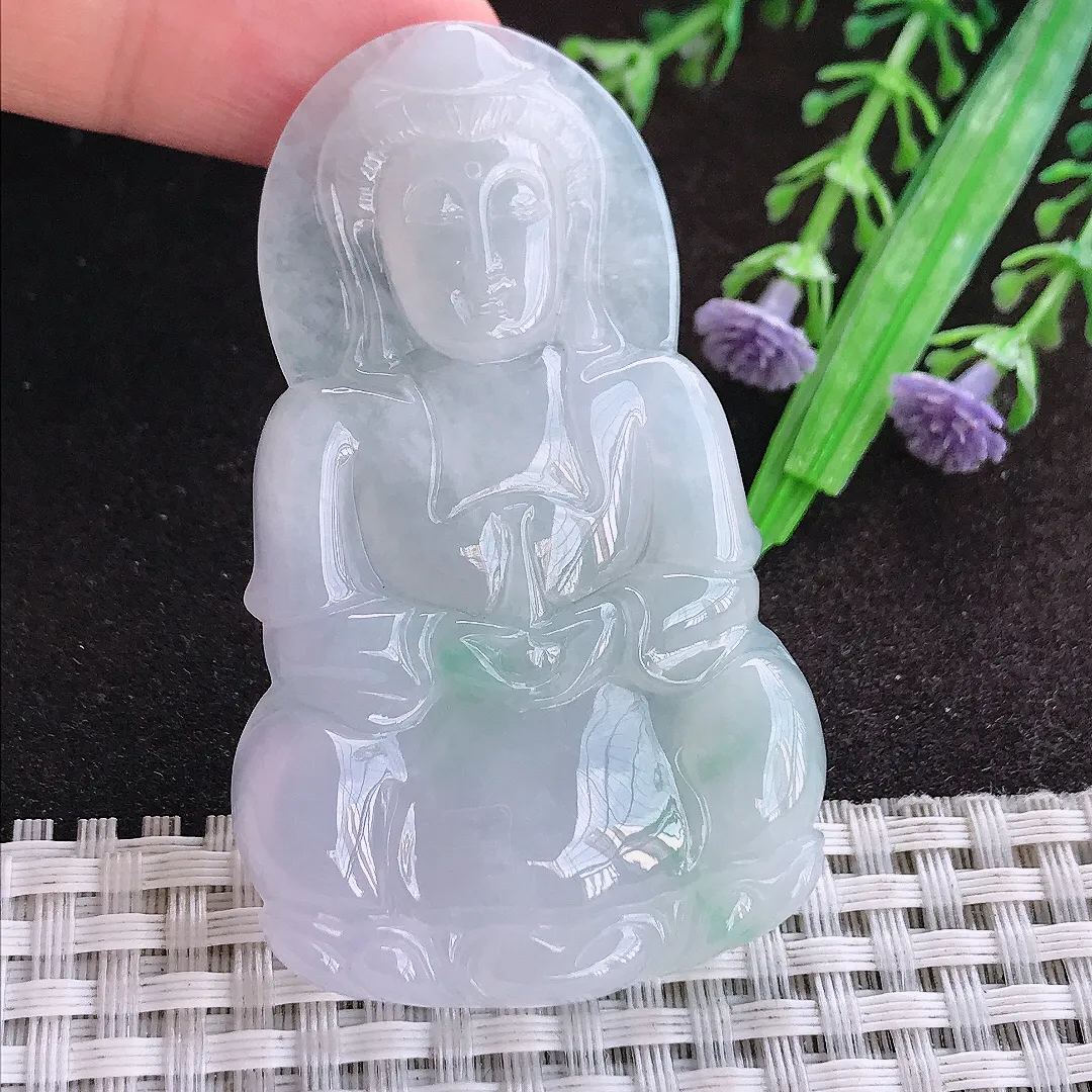 天然a货翡翠63/38/5.8老坑冰润起胶正装观音吊坠翡翠玉坠挂件百搭