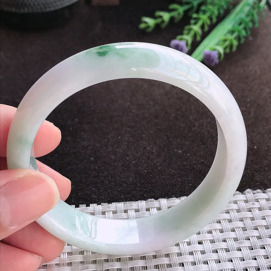 天然a货翡翠59/15/7.5老坑清秀温润飘花手镯宽边翡翠玉镯美人镯