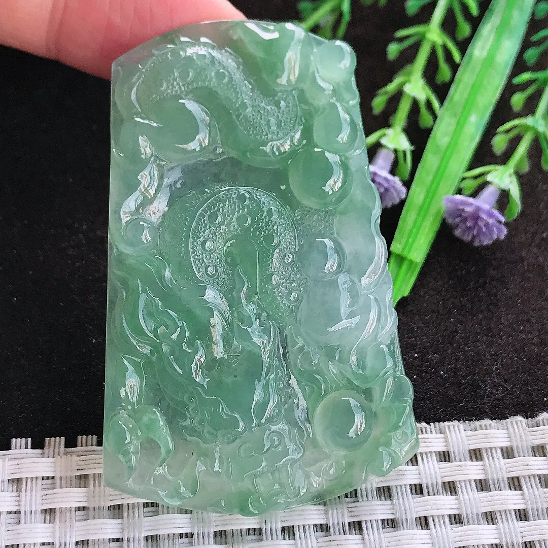 天然a货翡翠61.5/39/5.2老坑冰胶果冻冰晴满绿龙牌吊坠翡翠玉坠挂件百搭