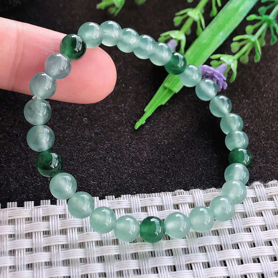 天然a货翡翠6.2/28颗老坑冰胶果冻飘花玉珠手链