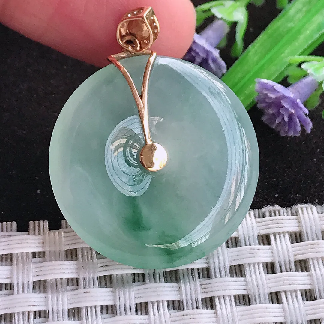 天然a货翡翠26.5/4.7老坑18k金镶嵌冰种飘花平安扣吊坠翡翠玉坠挂件百搭