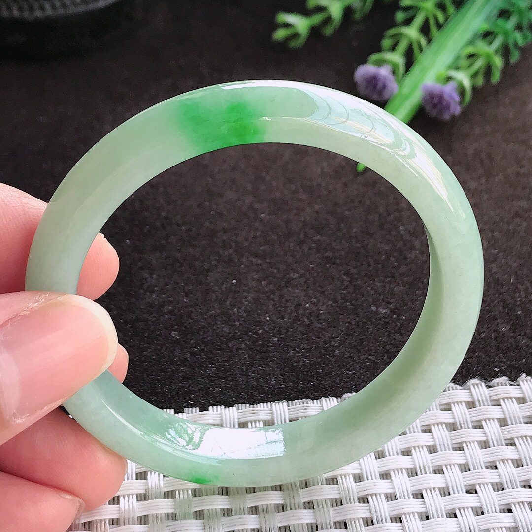 天然a货翡翠50.5/9.5/7小圈口老坑精美飘阳绿手镯宽边翡翠玉镯美人镯