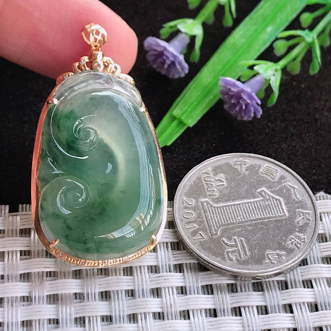 天然a货翡翠40/22.2/7老坑18k金镶嵌冰种飘花如意吊坠翡翠玉坠挂件百搭