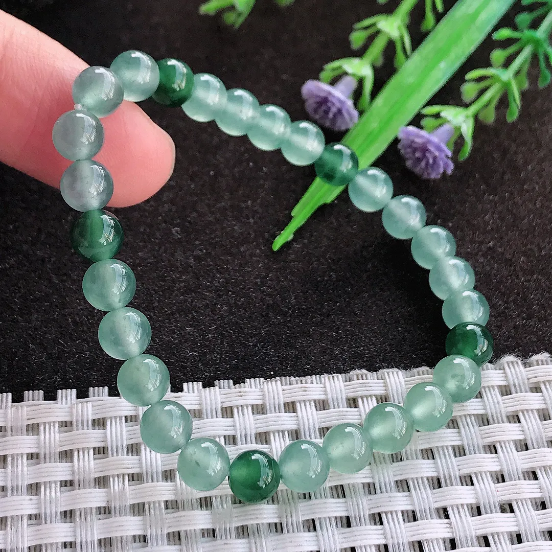 天然a货翡翠6.2/28颗老坑冰胶果冻飘花玉珠手链