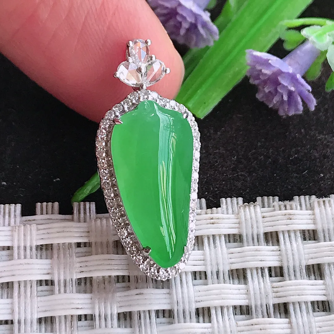 天然a货翡翠25.6/11/8老坑18k金镶嵌冰种阳绿福瓜吊坠翡翠玉坠挂件百搭