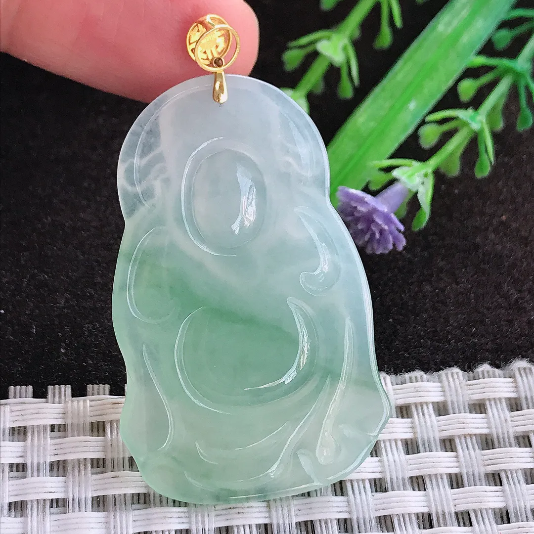 天然a货翡翠43.8/27.5/4.8老坑18k金镶嵌冰冰胶果冻飘绿财神爷吊坠翡翠玉坠挂件