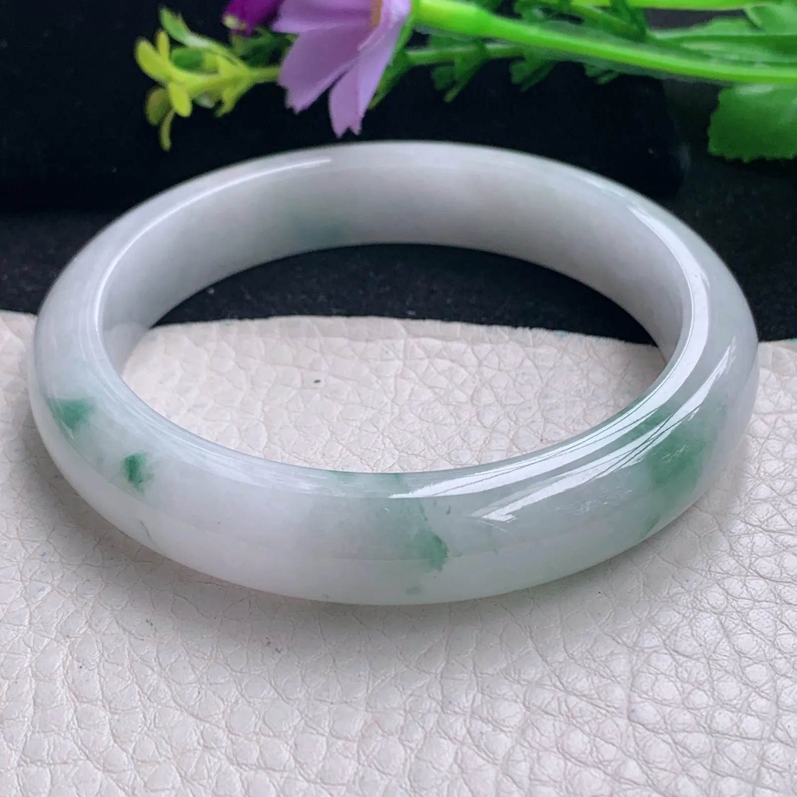 fl大圈口61.5*12.6*8.5平安镯 缅甸翡翠a货飘花清秀宽边玉手镯 玉手环