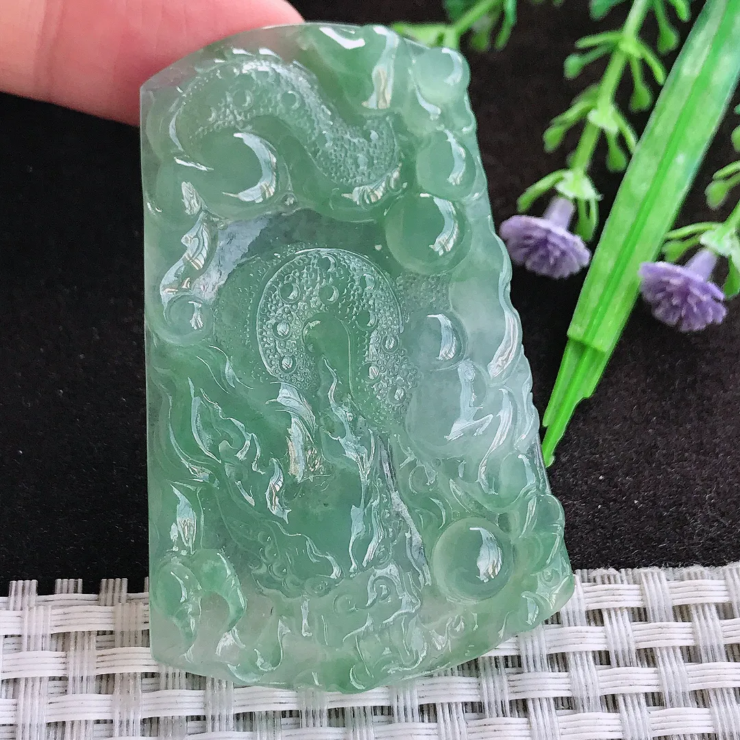 天然a货翡翠61.5/39/5.2老坑冰胶果冻冰晴满绿龙牌吊坠翡翠玉坠挂件百搭