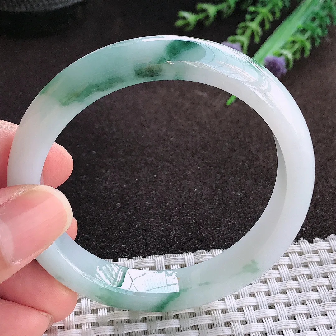 天然a货翡翠56/11.2/7.8老坑冰润水灵飘花手镯宽边翡翠玉镯美人镯