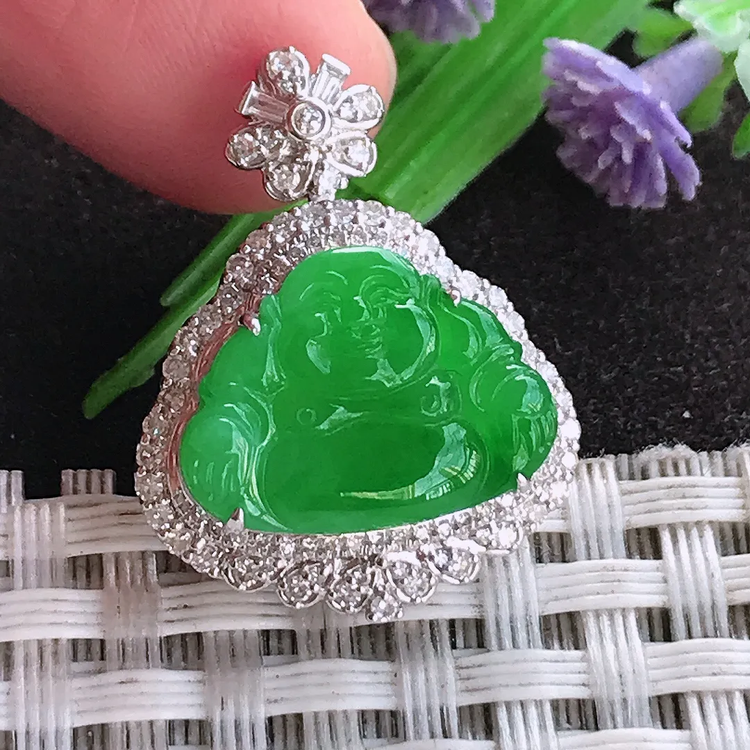 天然a货翡翠25.2/19.3/9.3老坑18k金镶嵌冰阳绿佛公吊坠翡翠玉坠挂件百搭