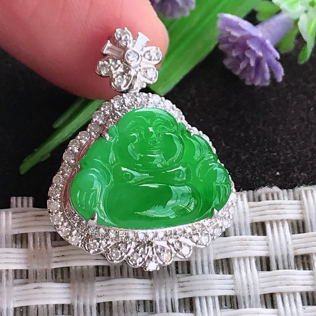 天然a货翡翠25.2/19.3/9.3老坑18k金镶嵌冰阳绿佛公吊坠翡翠玉坠挂件百搭