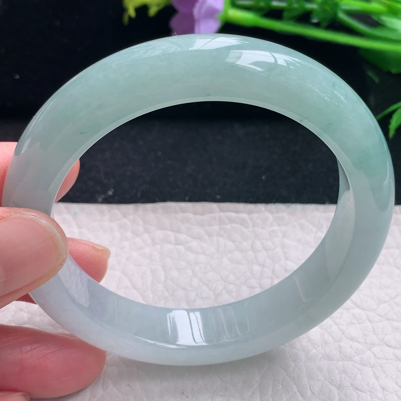 r自然光57*12.5*9平安镯 缅甸翡翠a货冰蓝半山水宽边玉手镯 玉手环