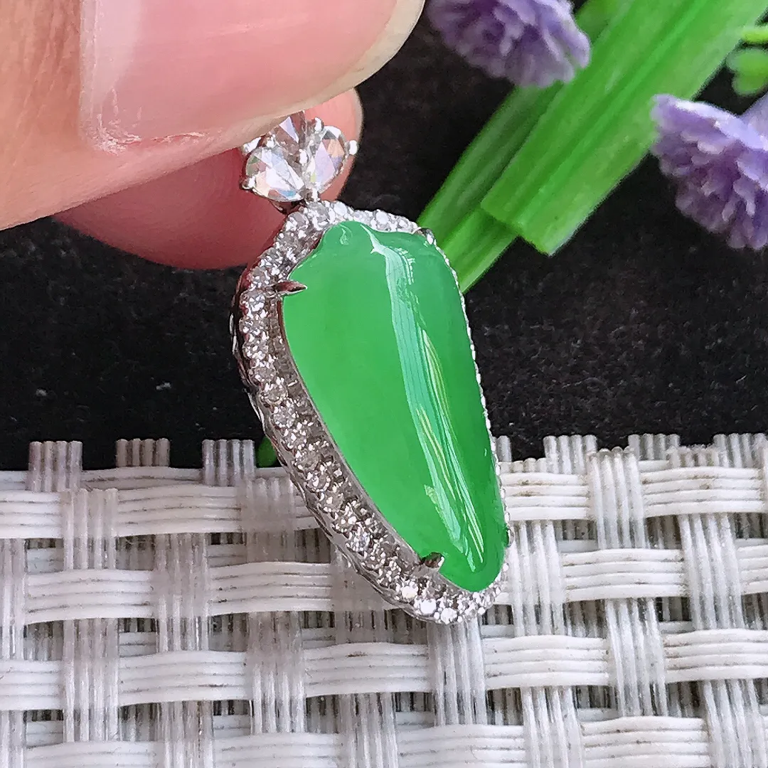 天然a货翡翠25.6/11/8老坑18k金镶嵌冰种阳绿福瓜吊坠翡翠玉坠挂件百搭