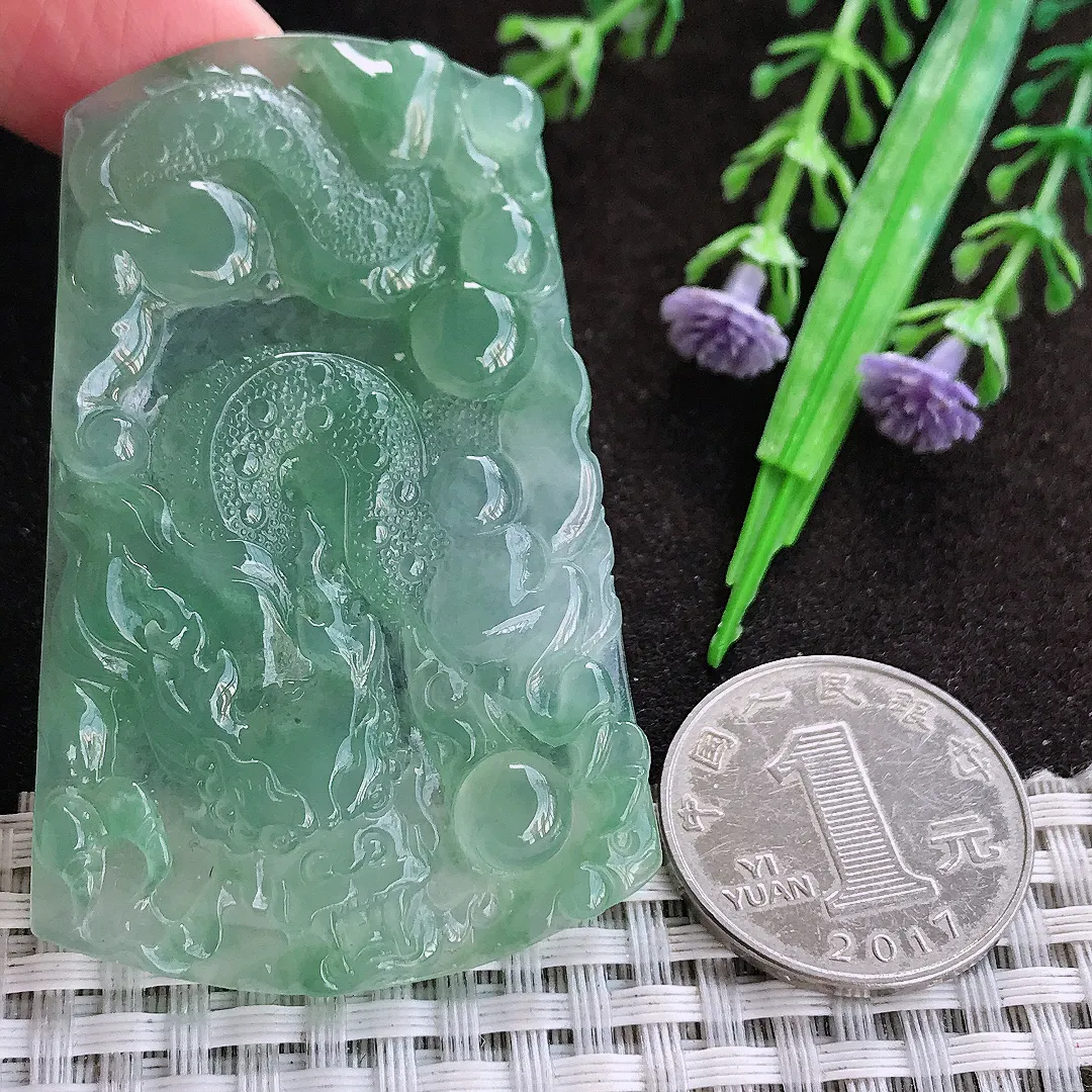 天然a货翡翠61.5/39/5.2老坑冰胶果冻冰晴满绿龙牌吊坠翡翠玉坠挂件百搭