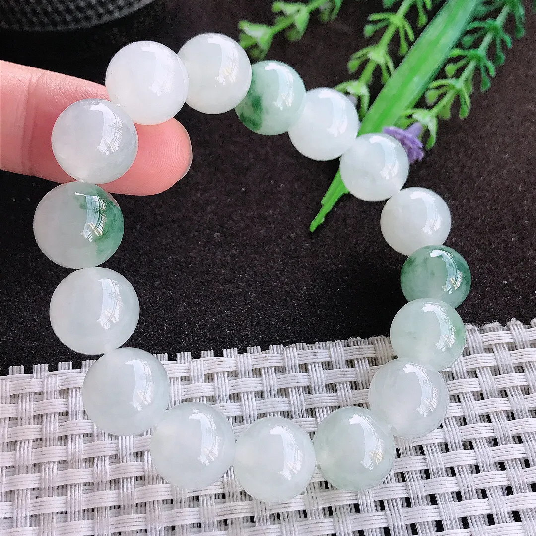 天然a货翡翠12.6/16颗老坑冰胶果冻飘花玉珠手链男女手串