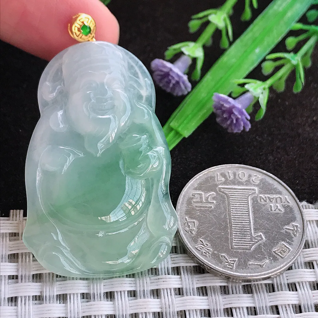 天然a货翡翠43.8/27.5/4.8老坑18k金镶嵌冰冰胶果冻飘绿财神爷吊坠翡翠玉坠挂件