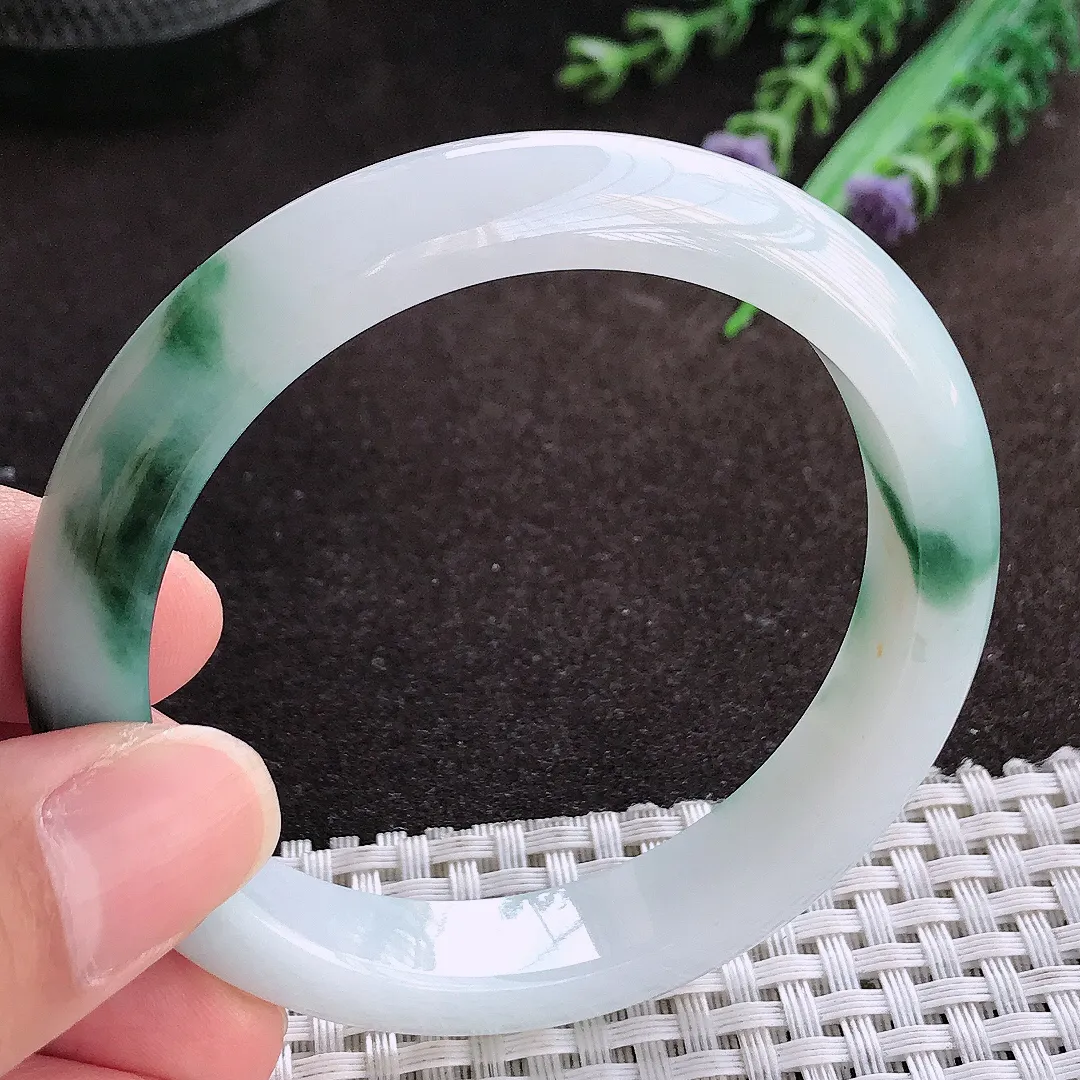 天然a货翡翠56/11.2/7.8老坑冰润水灵飘花手镯宽边翡翠玉镯美人镯