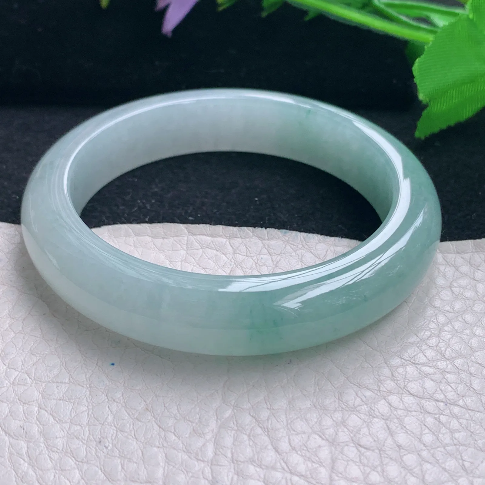 r自然光57*12.5*9平安镯 缅甸翡翠a货冰蓝半山水宽边玉手镯 玉手环