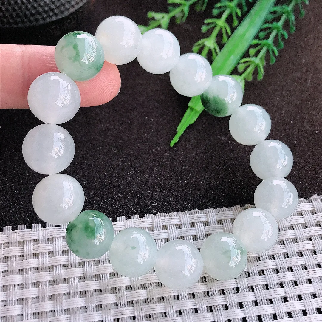 天然a货翡翠12.6/16颗老坑冰胶果冻飘花玉珠手链男女手串