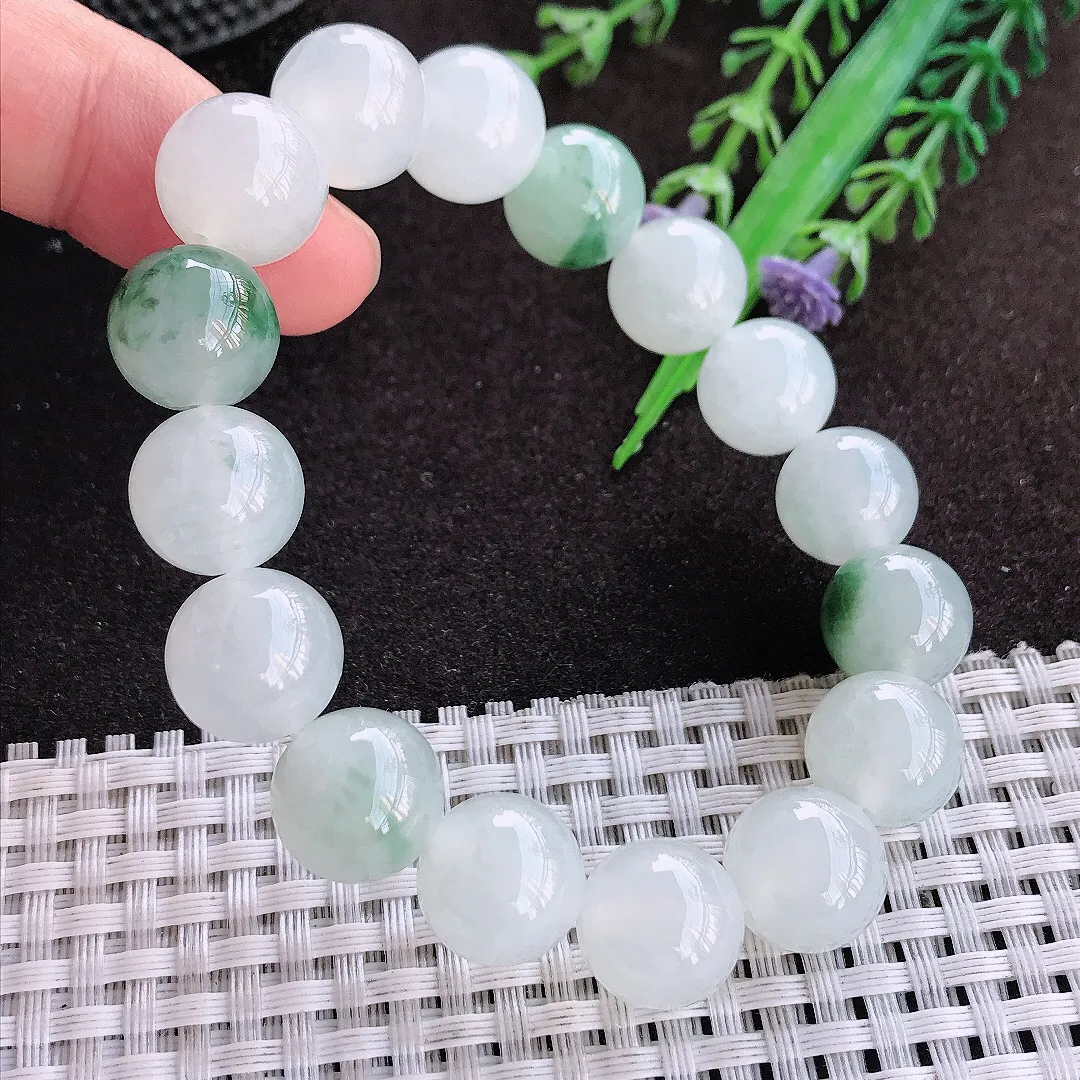 天然a货翡翠12.6/16颗老坑冰胶果冻飘花玉珠手链男女手串