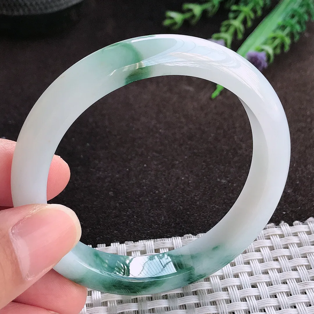 天然a货翡翠56/11.2/7.8老坑冰润水灵飘花手镯宽边翡翠玉镯美人镯
