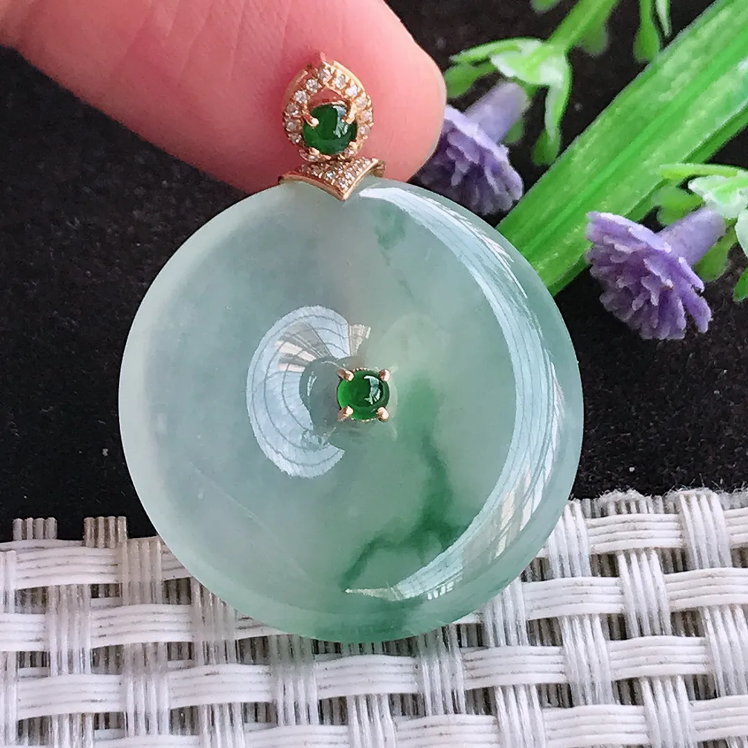 天然a货翡翠26.5/4.7老坑18k金镶嵌冰种飘花平安扣吊坠翡翠玉坠挂件百搭