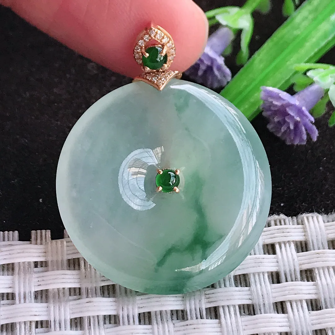 天然a货翡翠26.5/4.7老坑18k金镶嵌冰种飘花平安扣吊坠翡翠玉坠挂件百搭