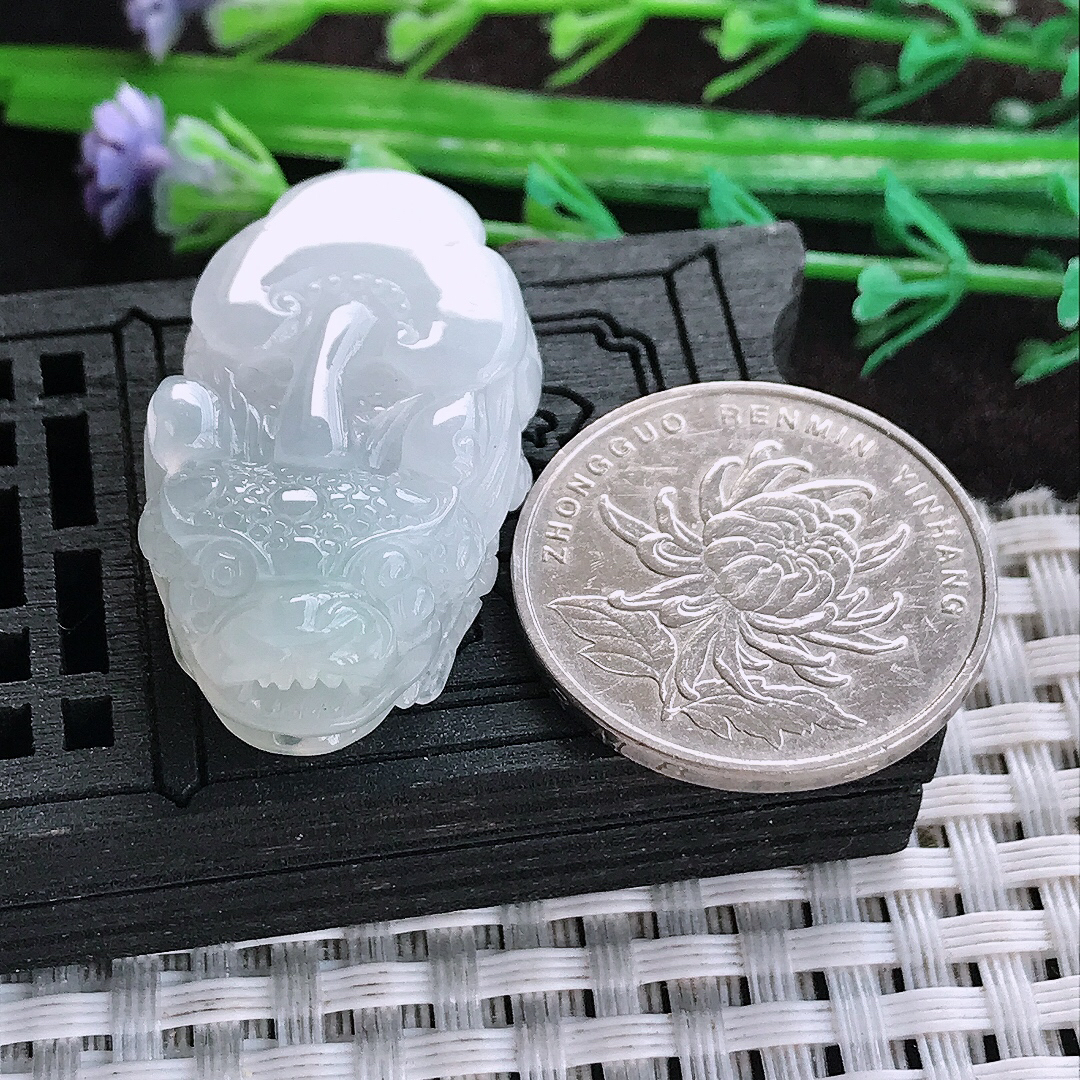 天然a货翡翠33.5/19.5/10老坑冰润起胶貔貅吊坠翡翠玉坠挂件百搭