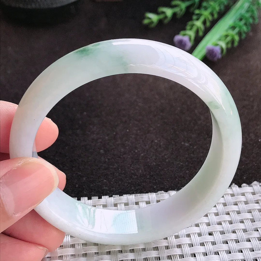 天然a货翡翠59/15/7.5老坑清秀温润飘花手镯宽边翡翠玉镯美人镯