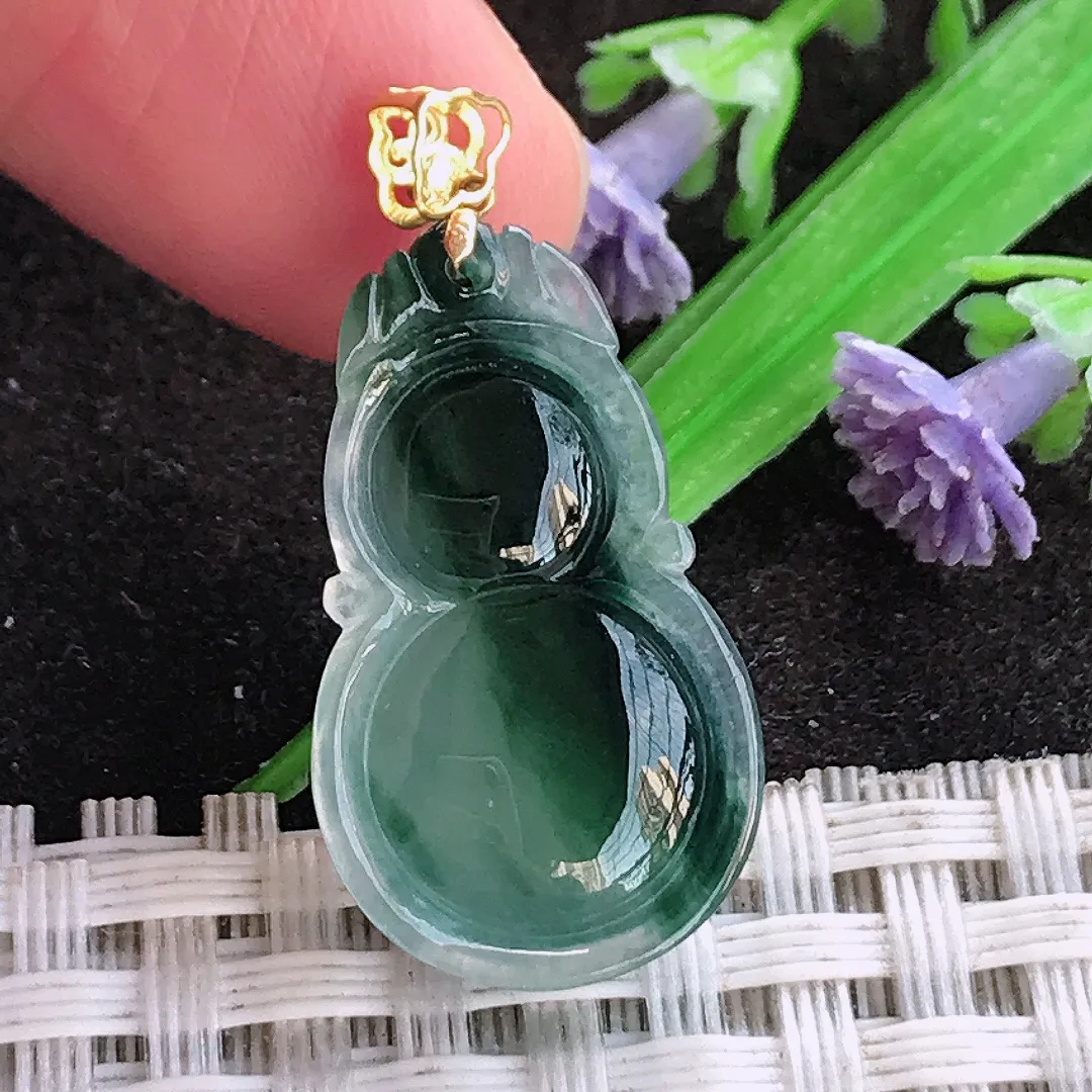 天然a货翡翠25/14.5/6老坑18k金镶嵌冰润飘花葫芦吊坠翡翠玉坠挂件百搭