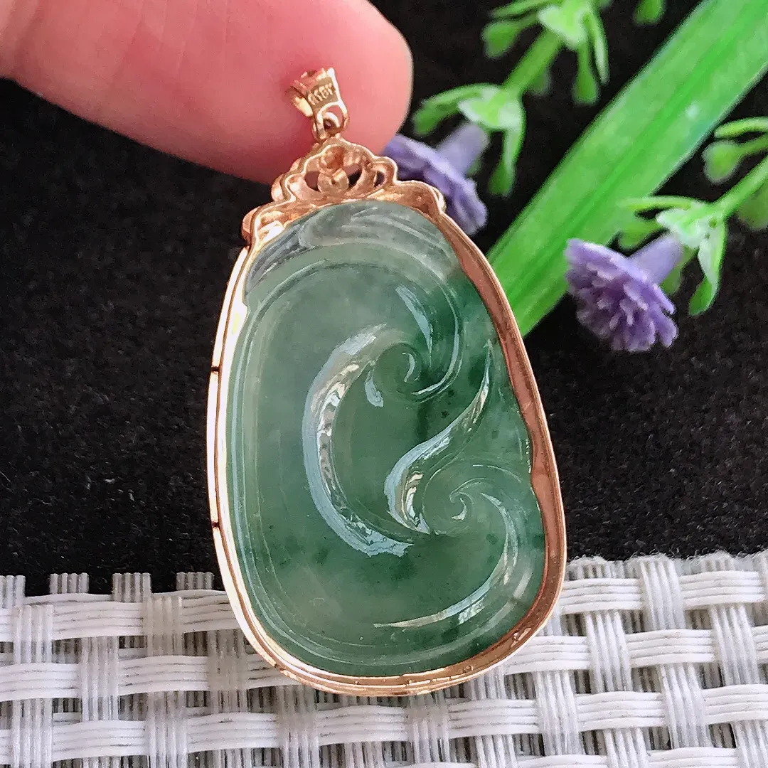 天然a货翡翠40/22.2/7老坑18k金镶嵌冰种飘花如意吊坠翡翠玉坠挂件百搭