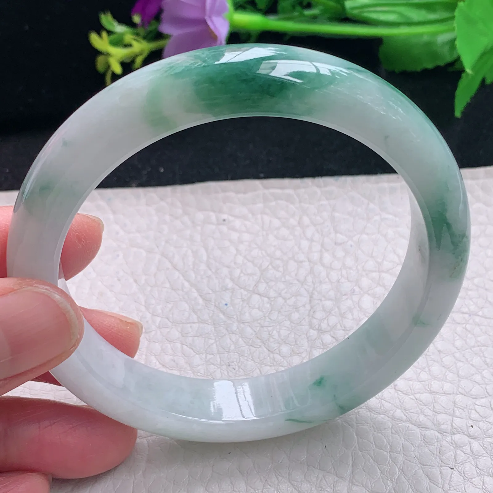 fl大圈口61.5*12.8*8.5平安镯 缅甸翡翠a货飘花宽边玉手镯 玉手环