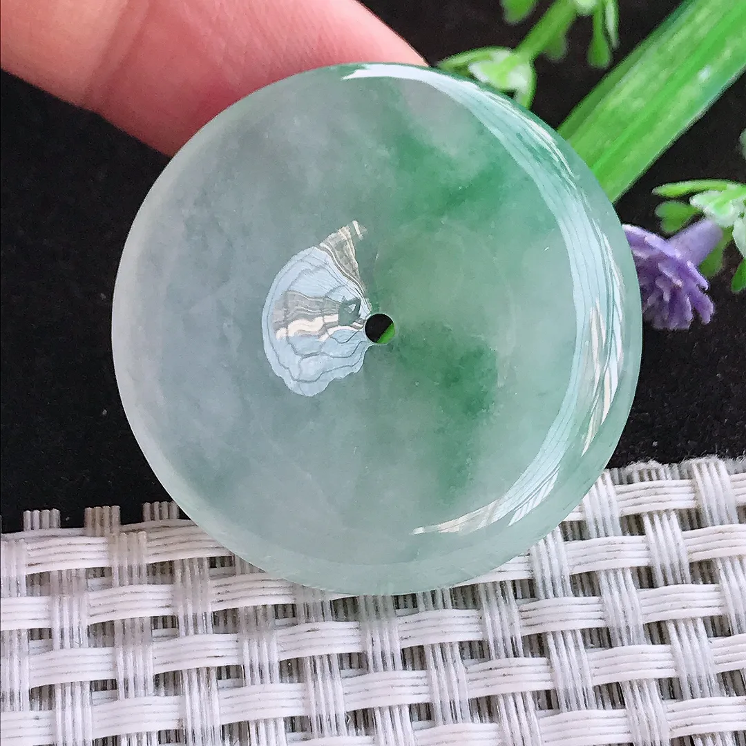 天然a货翡翠36/6.3老坑冰胶飘绿平安扣吊坠翡翠玉坠挂件百搭