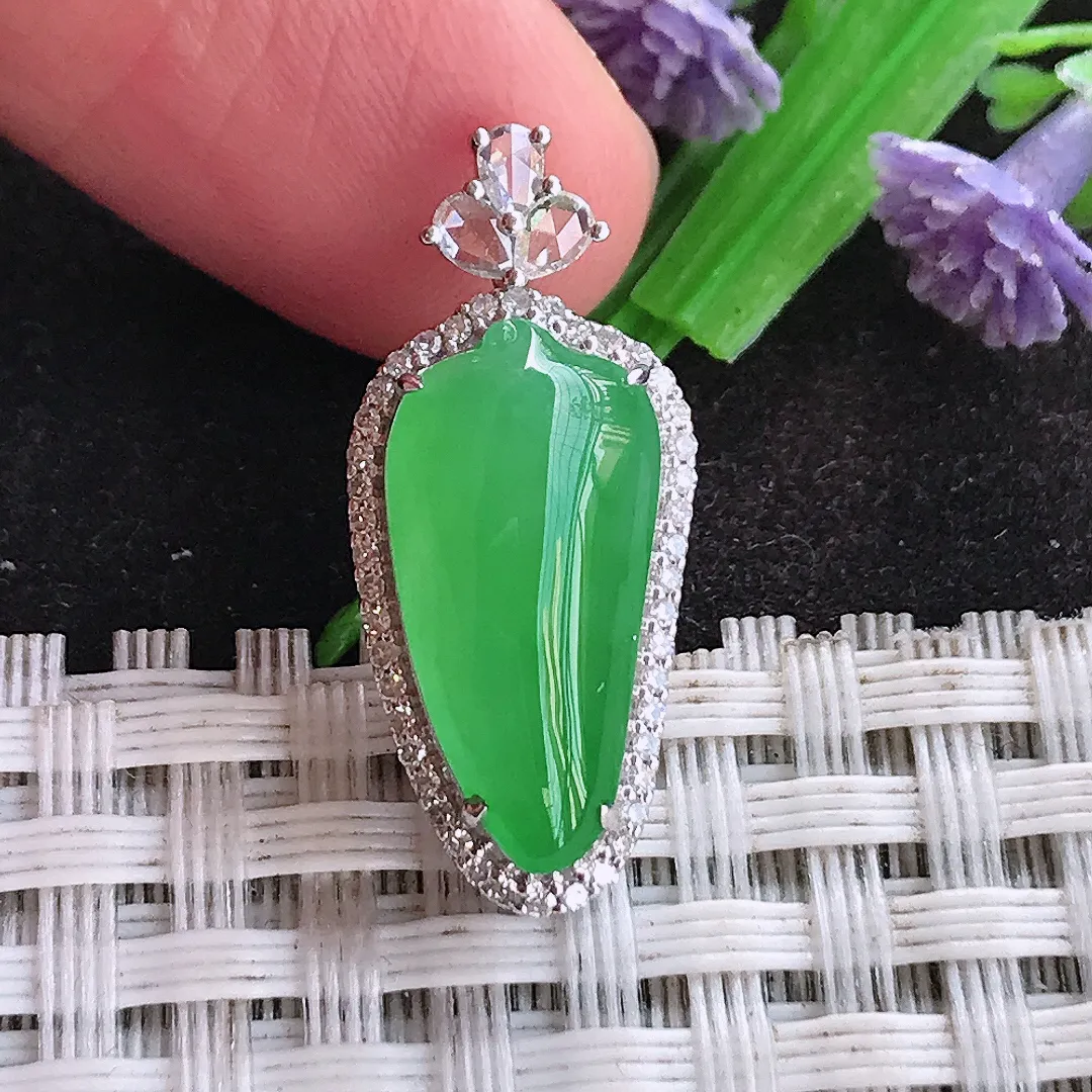 天然a货翡翠25.6/11/8老坑18k金镶嵌冰种阳绿福瓜吊坠翡翠玉坠挂件百搭