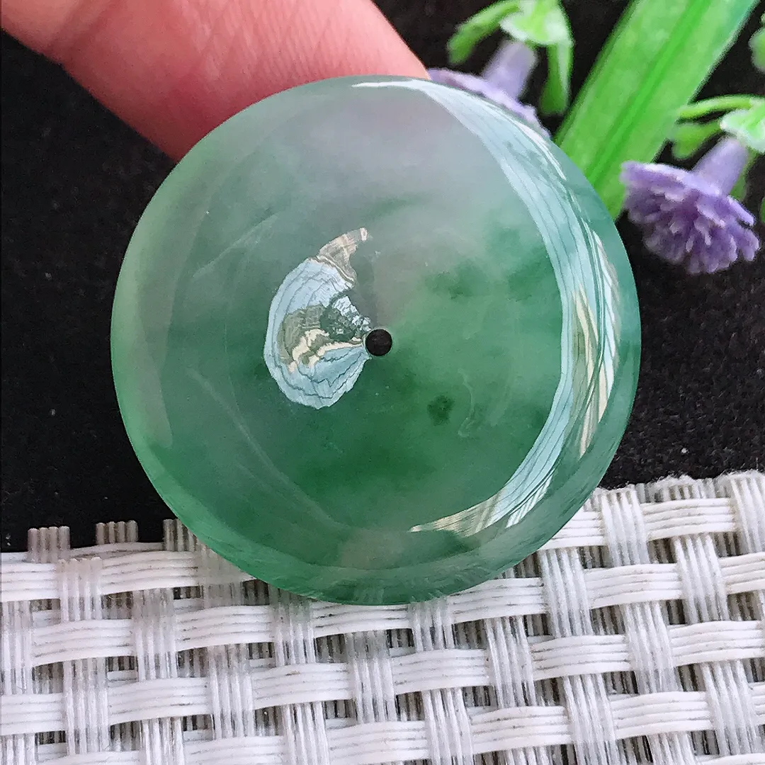 天然a货翡翠31.2/5.8老坑冰胶果冻飘花平安扣吊坠翡翠玉扣挂件百搭