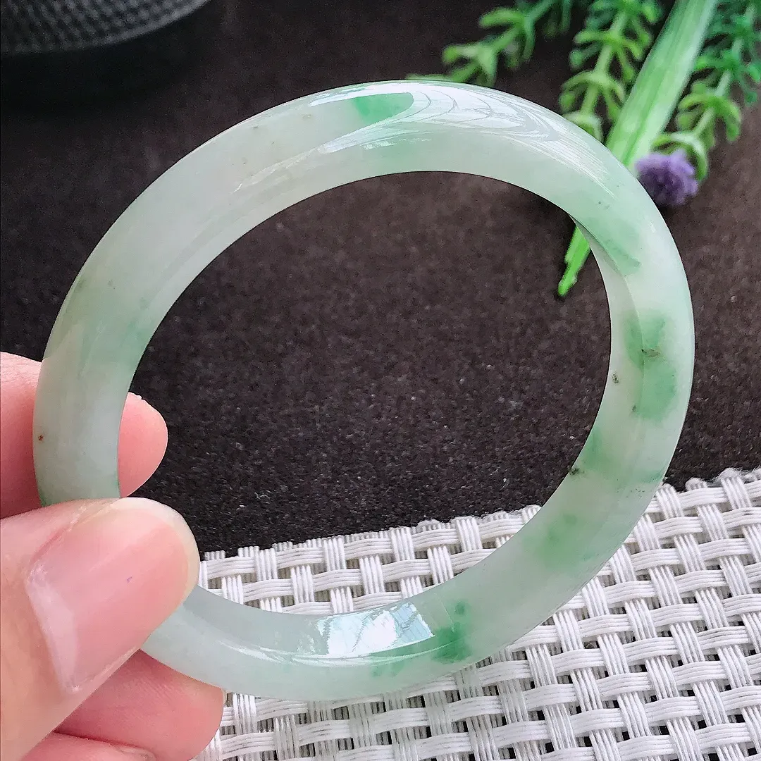 天然a货翡翠54.5/9.6/7.3老坑冰润起胶飘花手镯宽边翡翠玉手镯