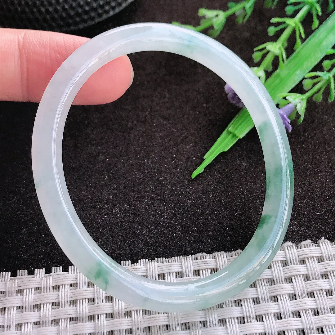 天然a货翡翠53.5/48/6/6.3老坑冰胶水灵飘花贵妃手镯翡翠玉手镯