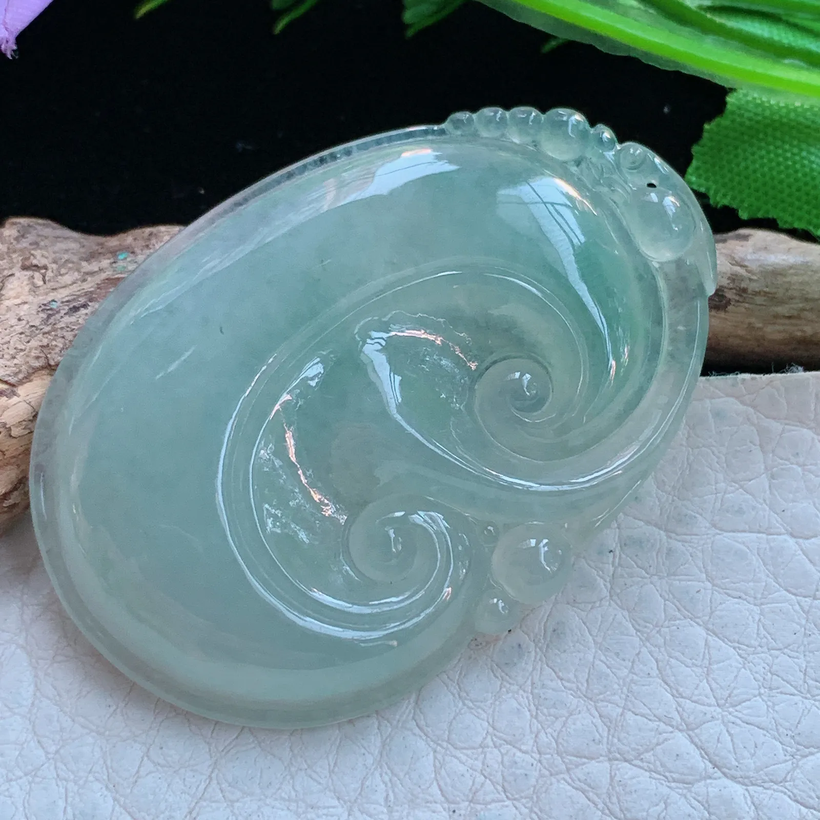 ajj实拍50.8*34.8*5.8缅甸翡翠a货冰晴事事如意 如意玉吊坠 玉挂件