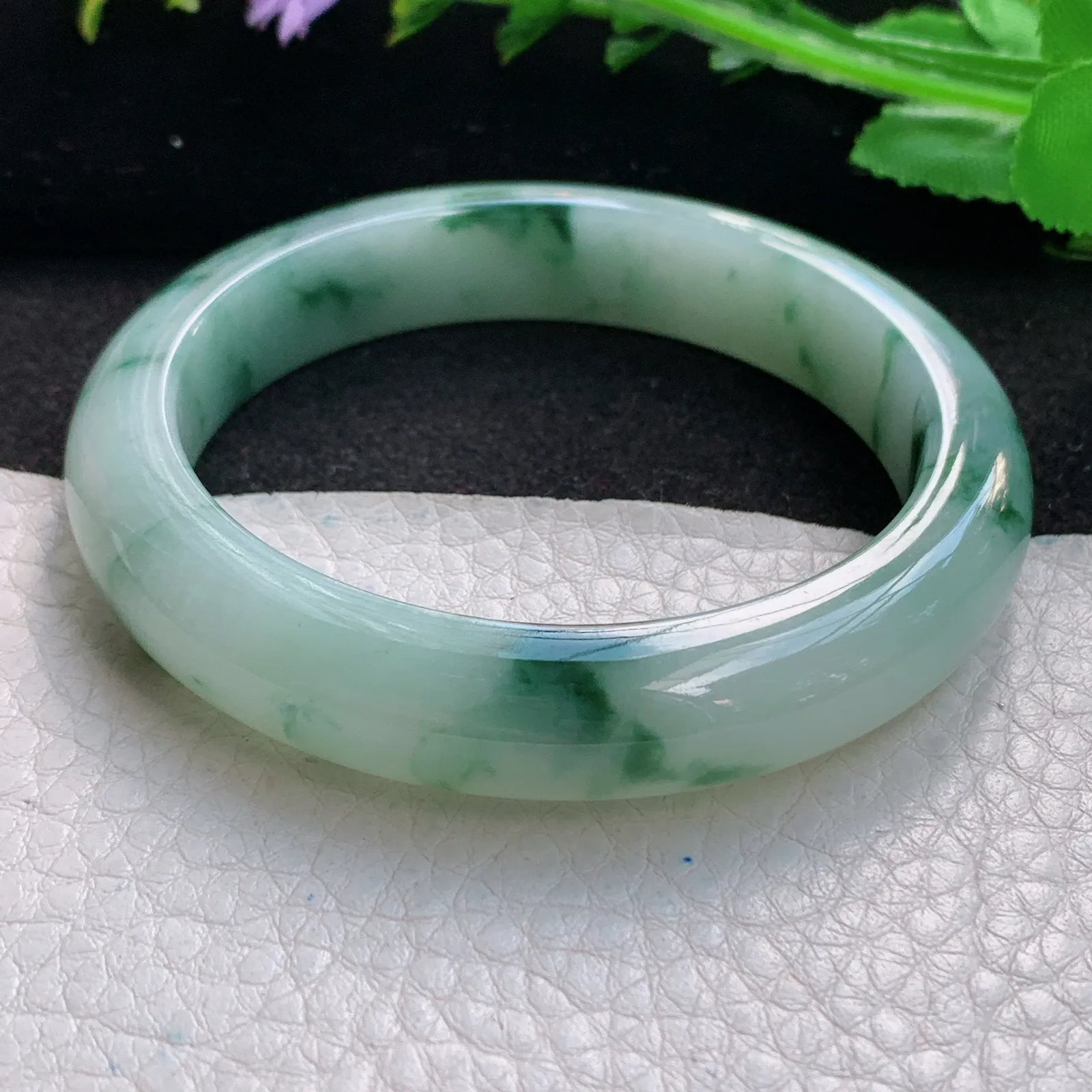 hy自然光54.5*11.5*8.5平安镯 缅甸翡翠a货精美冰飘花宽边玉手镯 玉手环