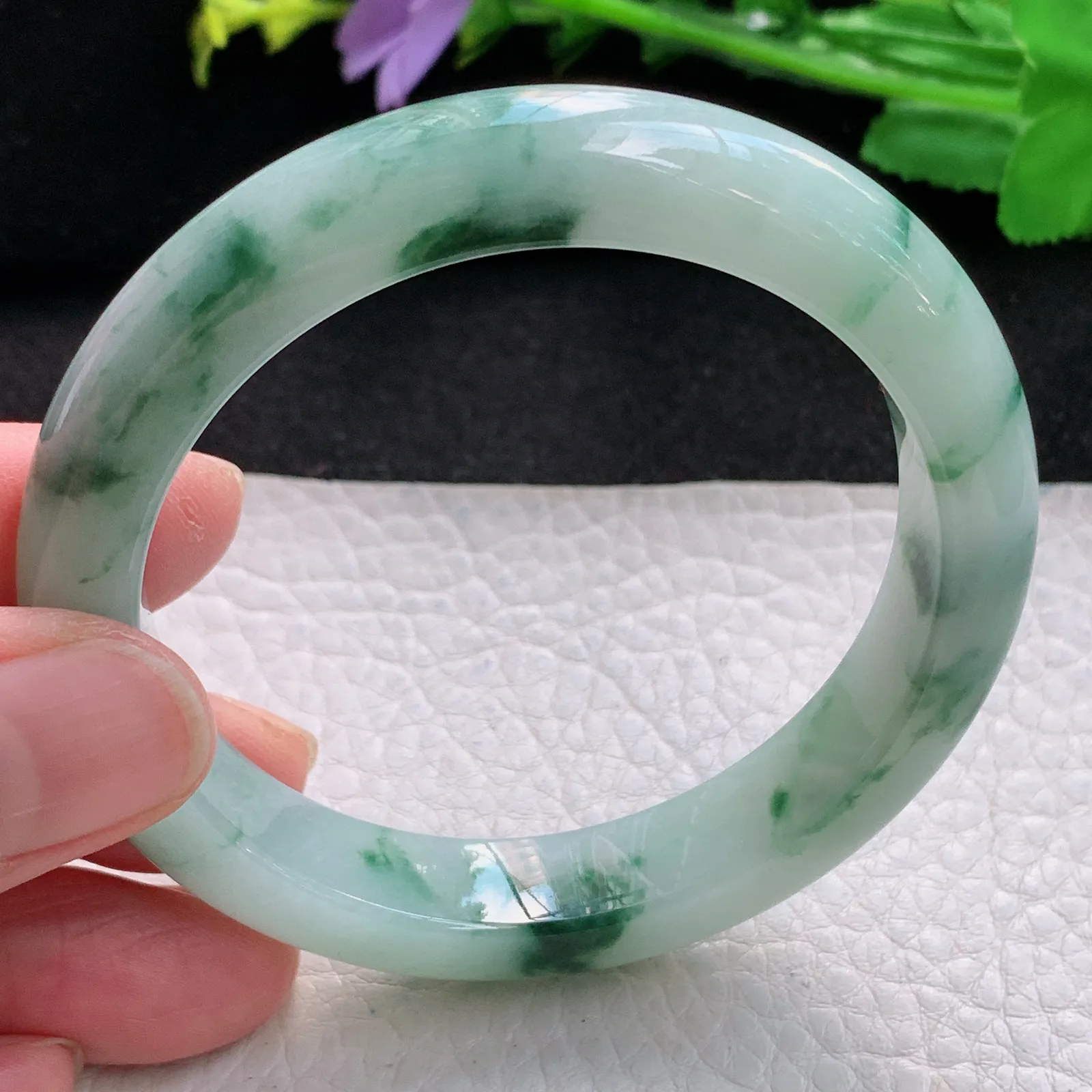hy自然光54.5*11.5*8.5平安镯 缅甸翡翠a货精美冰飘花宽边玉手镯 玉手环
