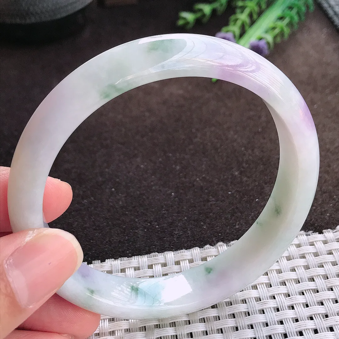 天然a货翡翠62.5/13/8老坑冰润紫罗兰飘花手镯大圈口宽边翡翠玉手镯