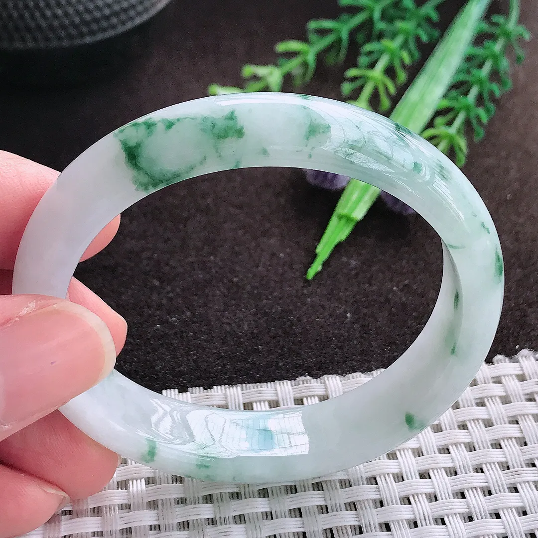 天然a货翡翠53/47/13.2/7老坑精美飘花贵妃手镯宽边翡翠玉手镯