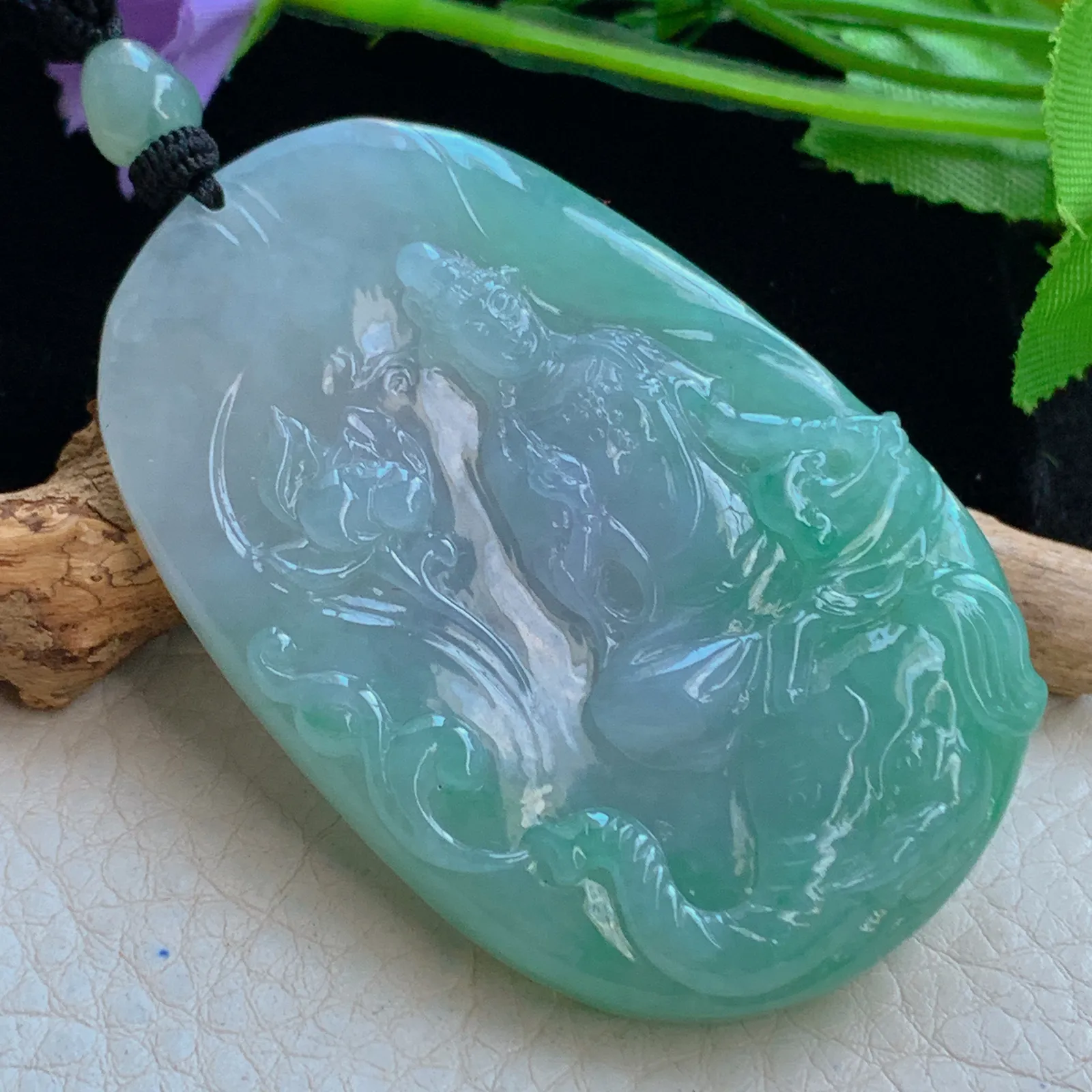 yl实拍63.3*41.5*8.5缅甸翡翠a货春带彩普贤菩萨 玉观音玉吊坠 玉挂件