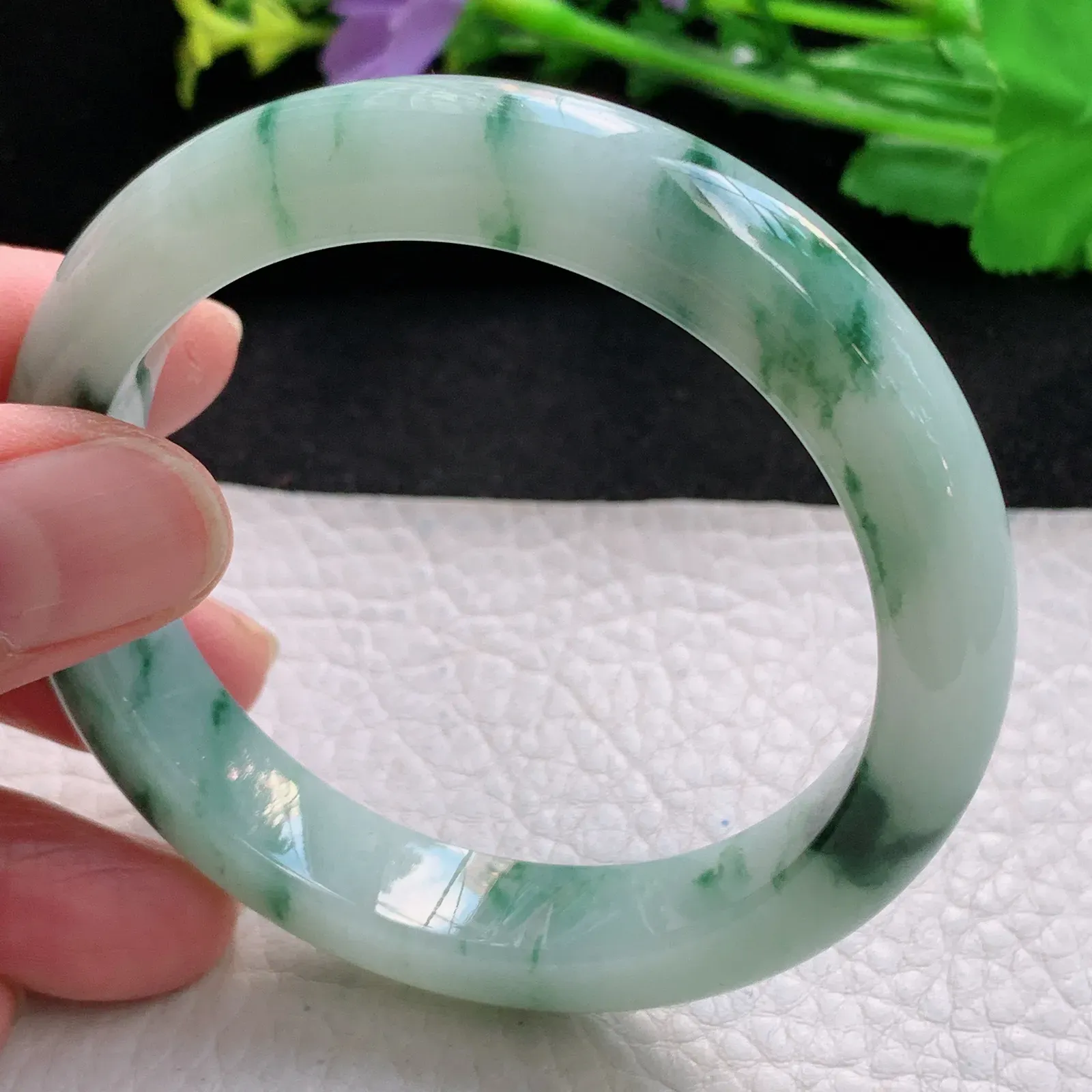 hy自然光54.5*11.5*8.5平安镯 缅甸翡翠a货精美冰飘花宽边玉手镯 玉手环