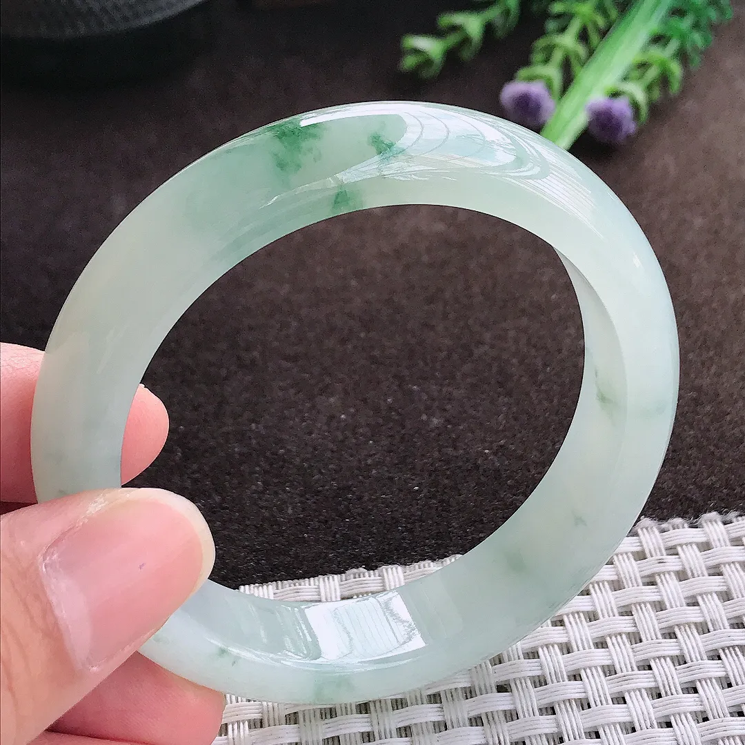 天然a货翡翠54/13.2/8.1老坑冰胶果冻飘花手镯宽边翡翠玉手镯